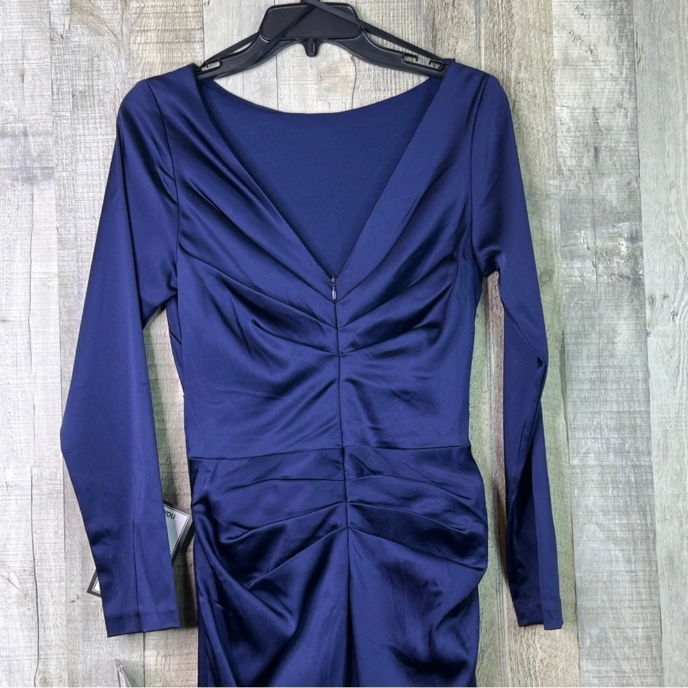 Betsy & Adam Sz. 10 Navy Blue Stretch Satin Lined Long Sleeve Form Fitti… - Picture 9 of 14